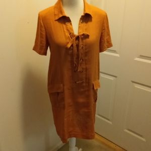 Anthropologie maeve dress 100% linen Orange pockets lace up excellent condition